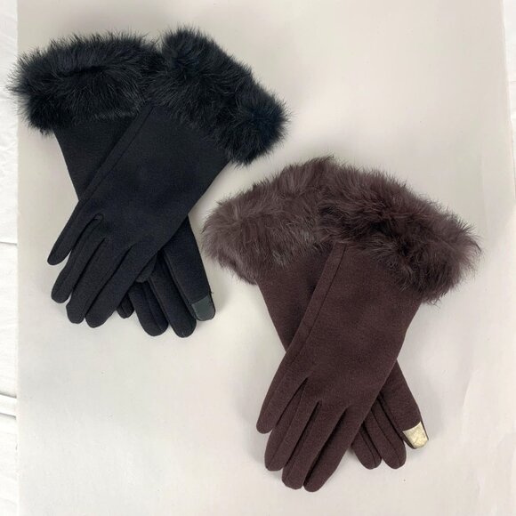 Set of Two Angela William Touchscreen Winter Gloves Faux Fur Trim Black + Brown - Picture 1 of 7